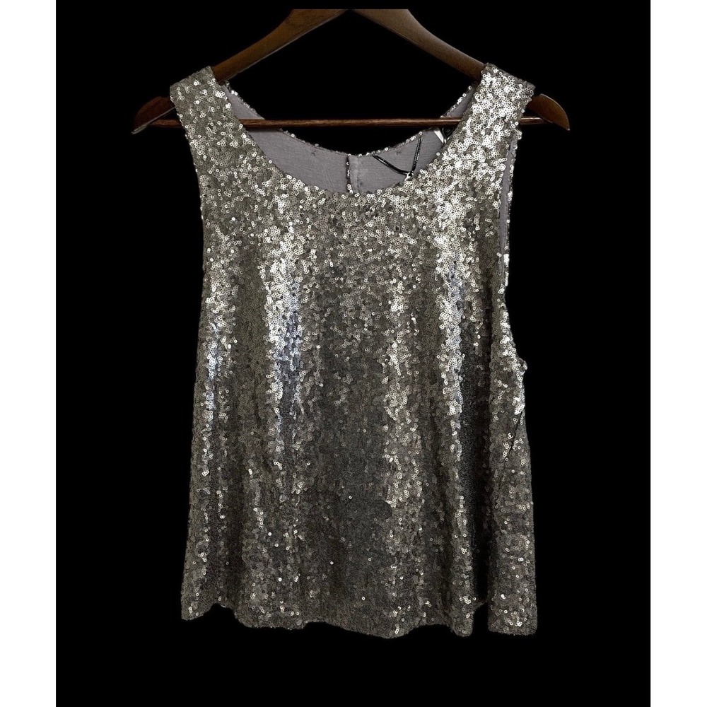 BKE Boutique Sequin Tank Top Women Large Silver Open Back Bows